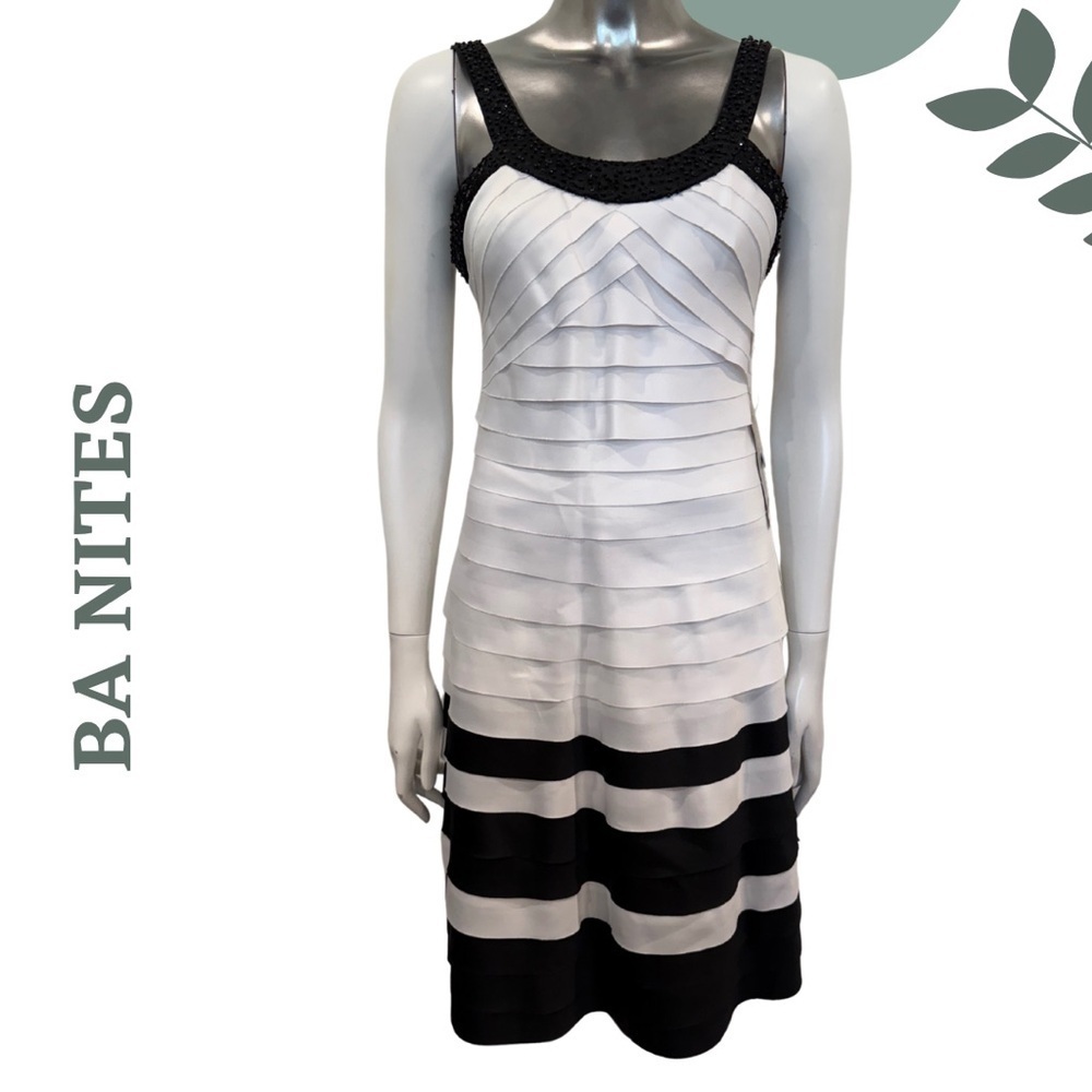 BA Nites Black & White Beaded Bandage Dress - Size 6 (New with Tags)